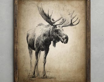 Moose Pencil Drawing, Animal Hunting Decor, Elk Wall Art, American Woodland Game Animal Wildlife Sketch