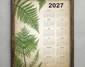 Antique Ferns 2027 Calendar, Vintage Fern Poster, Rustic Decor, Green Woodland Botanical Wall Art