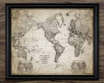 印刷可能なヴィンテージ世界地図：アンティークメルカトル図法