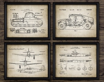 US Military Wall Art Set Of 4, 1945 Tank, P51 Fighter Aircraft, 1892 Holland Submarine, 1997 Hummer Army Vehicle #3178 INSTANT DOWNLOAD