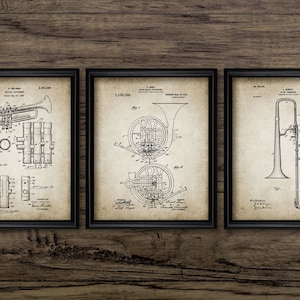 Music Wall Art Set Of 3, Printable Musical Instruments, French Horn, Slide Trombone, Trumpet, Musician, Music Room #2245 INSTANT DOWNLOAD