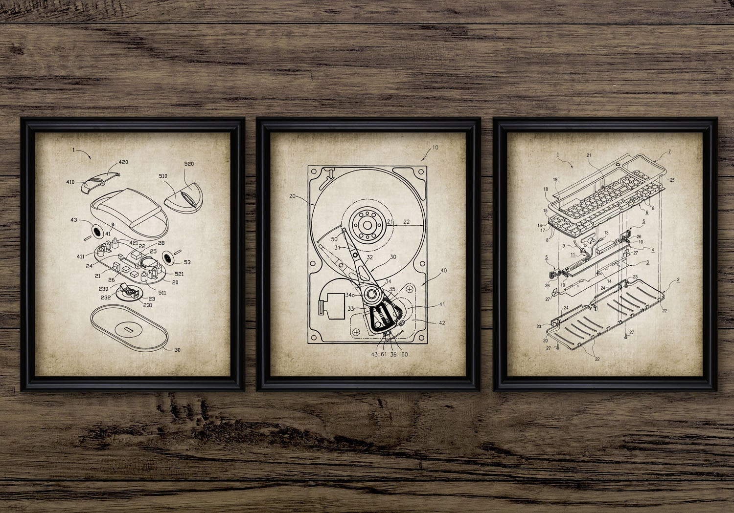 Computer Wall Art Set Of 3, Hard Drive Data Storage Design, Mouse System Interface, Desktop Computer Keyboard #595 INSTANT DOWNLOAD