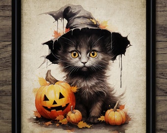 Halloween Kitten Wall Art, Chaton mignon imprimable, Citrouille, Art sombre, Chat noir, Art d’Halloween drôle, Trick Or Treat #4342 TÉLÉCHARGEMENT INSTANTANÉ