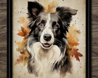 Border Collie Wall Art, Printable Sheepdog, Autumn Fall Wall Art, Dog Painting, Dog Lover Gift Idea #4494 INSTANT DOWNLOAD