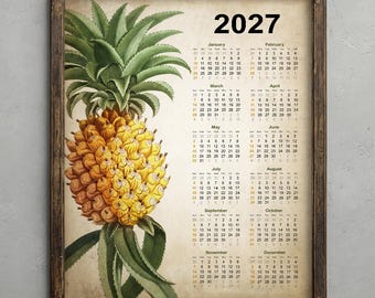Pineapple 2027 Calendar, Rustic Tropical Fruit Decor, Antique Botanical Wall Art, Vintage Pineapple Poster, Shabby Chic Kitchen Prints