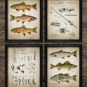 Fishing Wall Art Set Of 4, Printable Fishing Art, Fishing Rod, Fishing Lure, Steelhead, Brook Trout, Salmon, Bass #3733 INSTANT DOWNLOAD