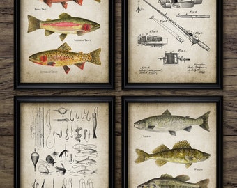 Fishing Wall Art Set Of 4, Printable Fishing Art, Fishing Rod, Fishing Lure, Steelhead, Brook Trout, Salmon, Bass #3733 INSTANT DOWNLOAD