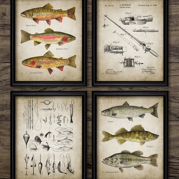 Fishing Wall Art Set Of 4, Printable Fishing Art, Fishing Rod, Fishing Lure, Steelhead, Brook Trout, Salmon, Bass #3733 INSTANT DOWNLOAD