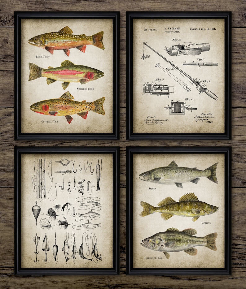 Fishing Wall Art Set of 4 Printable Fishing Art Fishing Rod Etsy