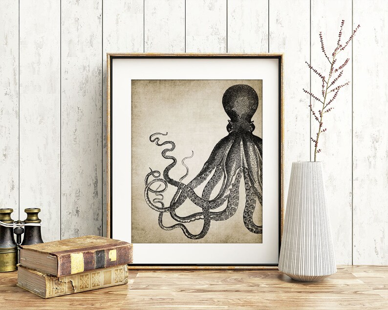 Octopus Wall Art Print Rustic Bathroom Decor Octopus Poster Etsy