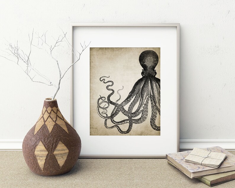 Octopus Wall Art Print Rustic Bathroom Decor Octopus Poster Etsy
