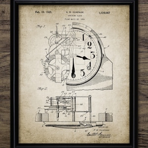 May include: Black and white line drawing of a striking clock patent. The patent is for a striking clock invented by A.W. Humpage and filed on April 23, 1924. The patent number is 1,526,067. The drawing shows the clock's internal mechanisms and the clock face.