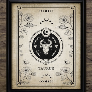 Stier Sternzeichen Druck, druckbare Astrologie Illustration, Tarot Karte Wahrsagen, Startzeichen Vintage Wand Kunst #4031 SOFORT DOWNLOAD