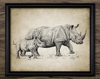 Rhinoceros And Calf Pencil Drawing, Printable Rhino, White Rhino, Cute Baby Rhino, Rhino Nursery Art, Baby Room #4048 INSTANT DOWNLOAD