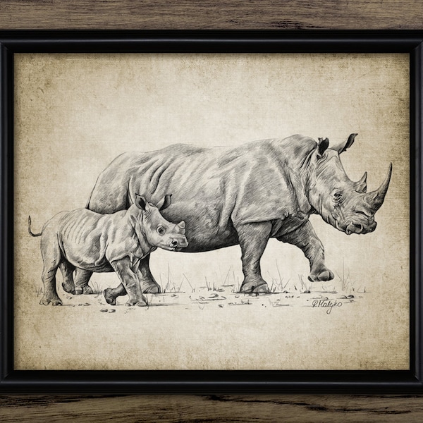 Rhinoceros And Calf Pencil Drawing, Printable Rhino, White Rhino, Cute Baby Rhino, Rhino Nursery Art, Baby Room #4048 INSTANT DOWNLOAD