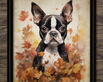 Boston Terrier Wall Art, Printable Boston Terrier Dog, Autumn Fall Wall Art, Dog Painting, Dog Lover Gift Idea #4495 INSTANT DOWNLOAD
