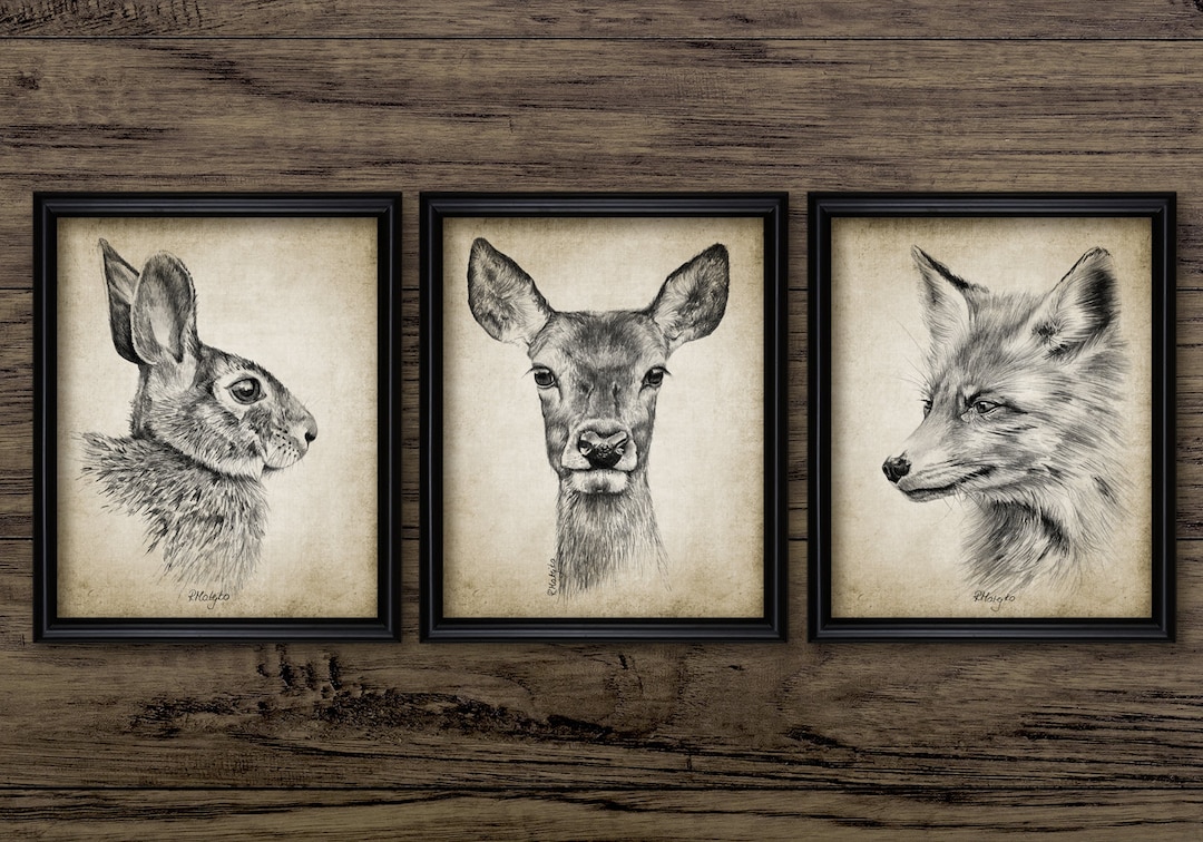 Woodland Animal Wall Art Set of 3 Rabbit Red Fox Red Deer Etsy