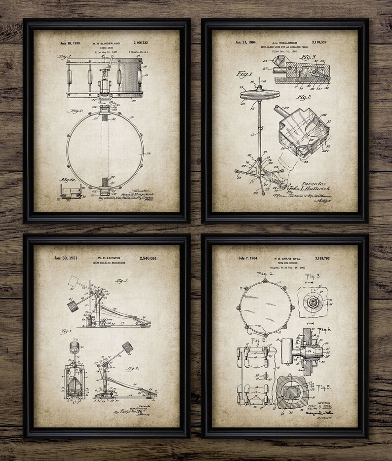 May include: A set of four vintage patent prints for drum set components. The prints are in black and white and feature detailed illustrations of a bass drum, a hi-hat stand, a drum pedal, and a snare drum. Each print includes the patent number, date, and inventor's name.