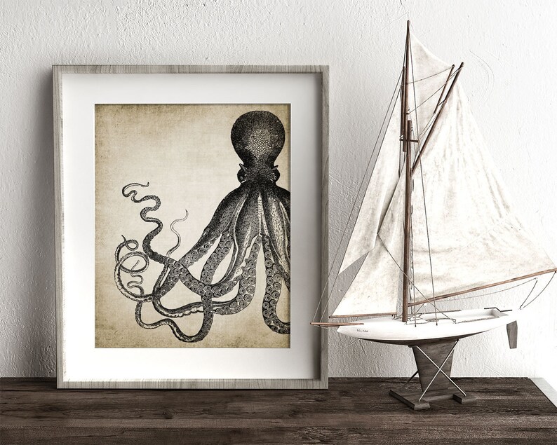 Octopus Wall Art Print Rustic Bathroom Decor Octopus Poster Etsy