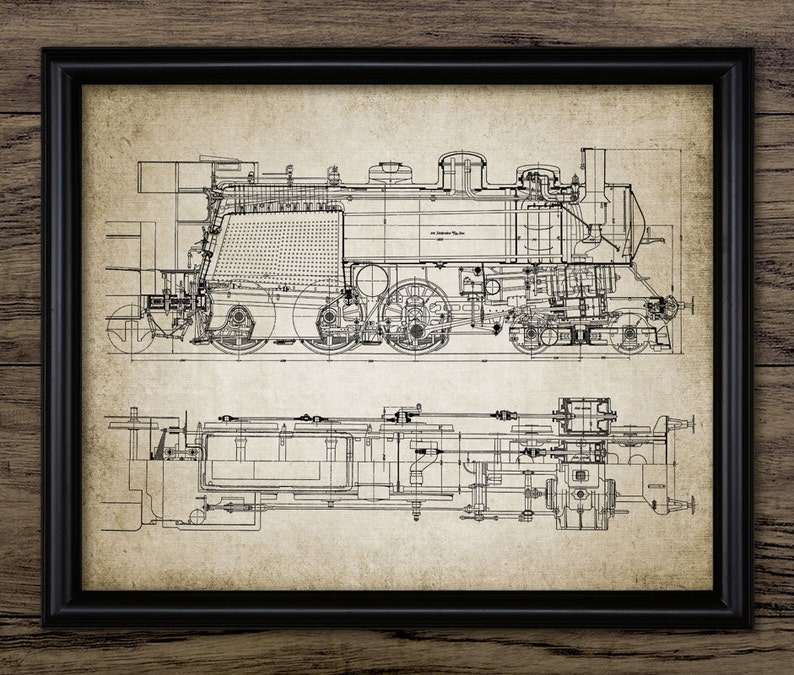 Pode incluir: Um desenho de linha vintage em preto e branco de uma locomotiva a vapor. O desenho mostra a m&aacute;quina em detalhe, incluindo as rodas, os cilindros e a caldeira. O desenho est&aacute; emoldurado em uma moldura preta.