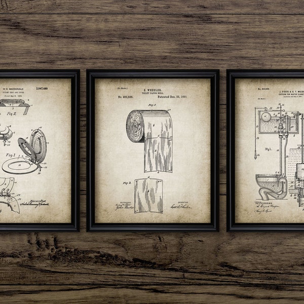 Bathroom Wall Art Set Of 3, Printable Bathroom, Toilet Roll, Cistern, Lavatory Design, Loo Vintage Bathroom Art #1205 INSTANT DOWNLOAD