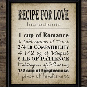 Recipe For Love Wall Art, Printable Valentines Gift Idea, Anniversary Gift, Wedding Gift, Vintage Love Art, Valentine #990 INSTANT DOWNLOAD