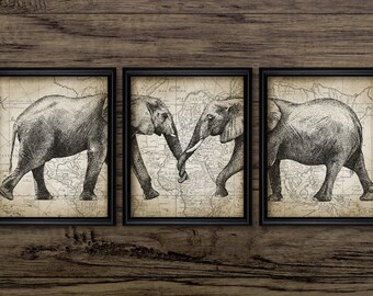 Elephant Love Art Print Set Of 3, African Elephant Art, Indian Elephant Print, World Map, Printable Elephant Drawing #3721 INSTANT DOWNLOAD