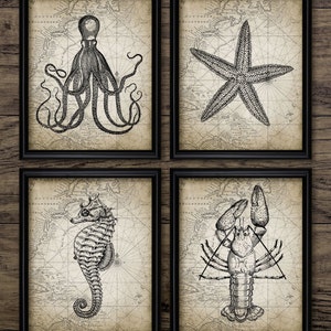 Bathroom Wall Art Set of 4, Printable Bathroom, Octopus, Starfish, Lobster, Seahorse, Vintage Bathroom, Rustic Bathroom #572INSTANT DOWNLOAD