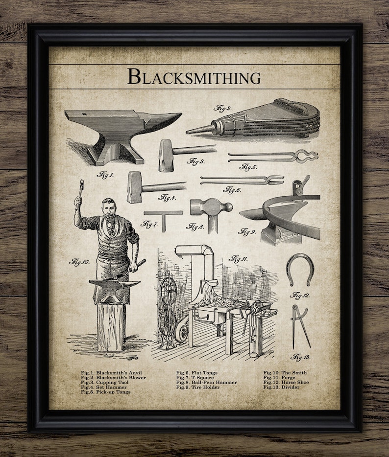 May include: A vintage illustration of blacksmithing tools and equipment, including an anvil, bellows, tongs, a hammer, a forge, and a horseshoe. The illustration is in black and white and has a vintage aesthetic.