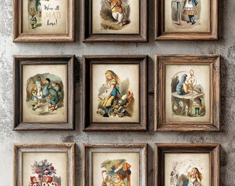 Alice in Wonderland Wall Art Print Set of 9, Vintage Nursery Home Decor, Antique Children Book Illustrations, Girls Room Wall Art