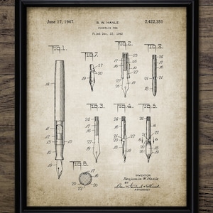 Fountain Pen Wall Art, Printable Fountain Pen, Pen Patent, 1947 Fountain Pen Design, Office Wall Art, Writing Pen #1936 INSTANT DOWNLOAD