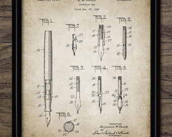 Fountain Pen Wall Art, Printable Fountain Pen, Pen Patent, 1947 Fountain Pen Design, Office Wall Art, Writing Pen #1936 INSTANT DOWNLOAD