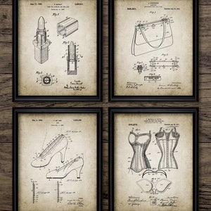 Fashion Patent Print Set Of 4, Ladies Fashion And Beauty, Designer Handbag, Lipstick, Cosmetics, Designer Shoe #3113 INSTANT DOWNLOAD