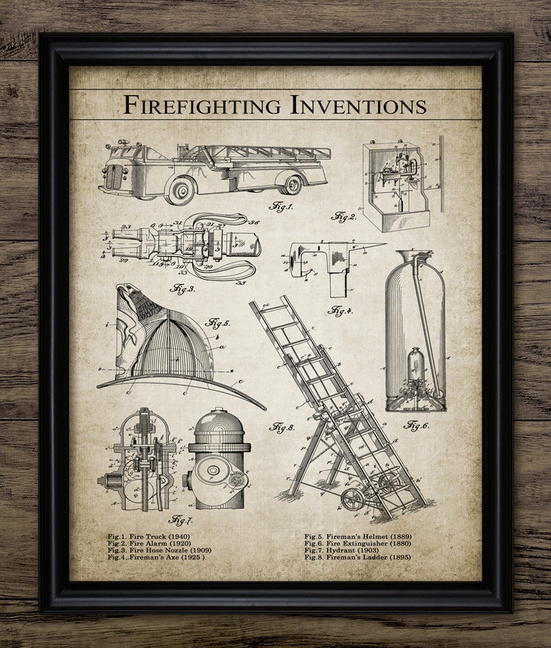 May include: A vintage illustration of firefighting inventions, including a fire truck, fire alarm, fire hose nozzle, fireman's axe, fireman's helmet, fire extinguisher, hydrant, and fireman's ladder. The illustration is in black and white and has a vintage aesthetic.