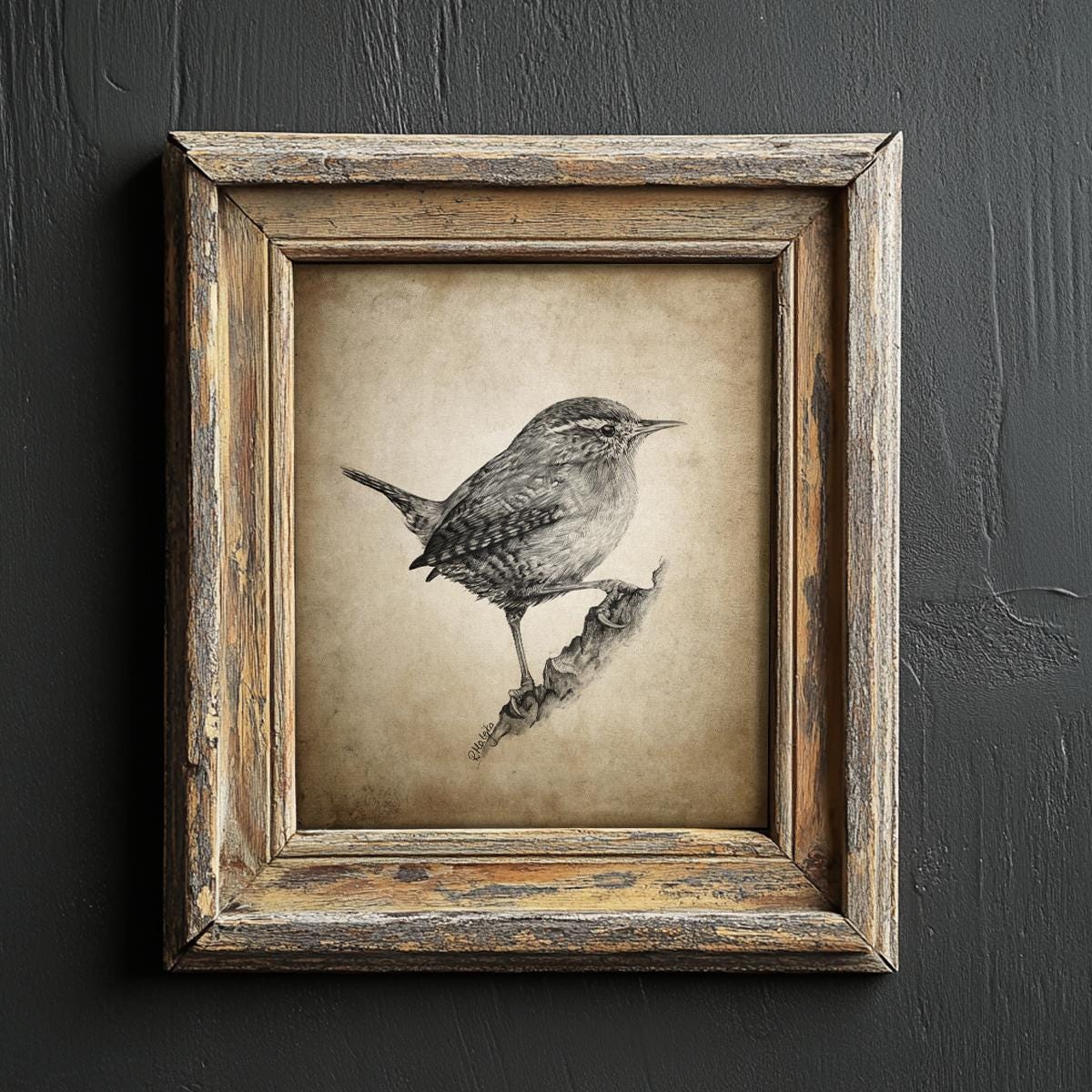 Wren Pencil Drawing, Bird Decor, Jenny Wren Wall Art, Cute Garden