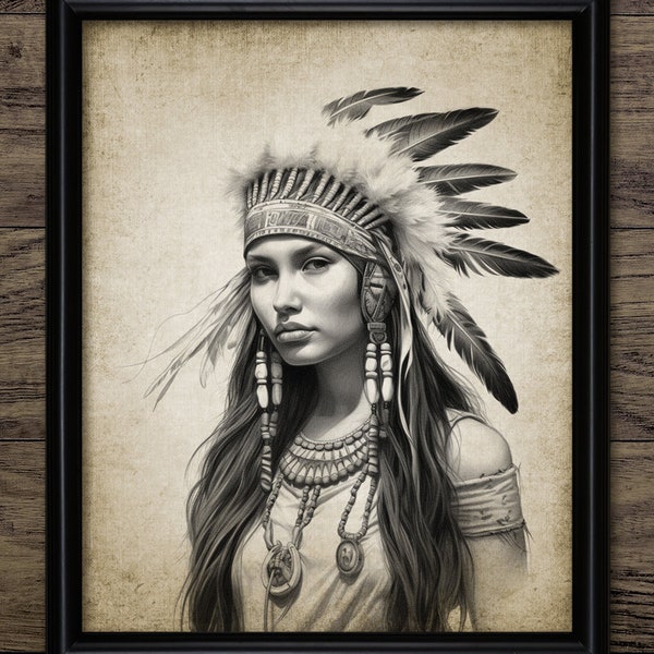 Native North American Woman Headdress, Printable Native American, Indigenous People, Iroquois, Huron, Mohican Girl #4120 INSTANT DOWNLOAD