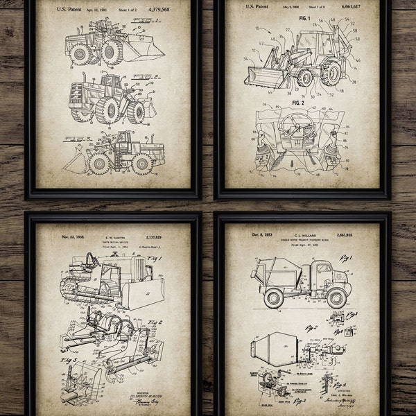 Conjunto de arte de parede de construção de 4, veículo de canteiro de obras para impressão, arte de quarto infantil, escavadeira, trator de esteira, escavadeira #1955 DOWNLOAD INSTANTÂNEO