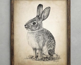 Cottontail Pencil Drawing, Cute Rabbit Animal Decor, Bunny Wall Art, American Wildlife Sketch