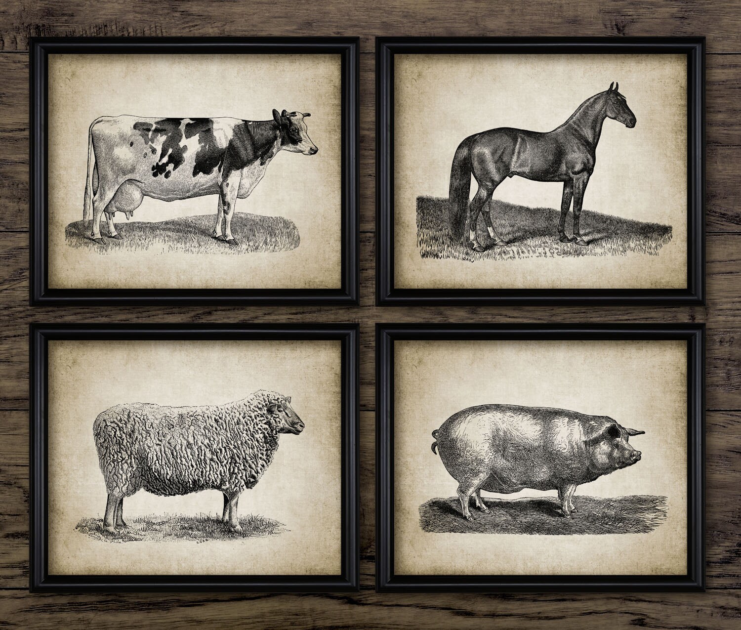 Vintage Farm Animals Print Set Of 4 - Farming Illustration - Pig - Sheep - Horse - Cow - Set Of Four Prints #689 - INSTANT DOWNLOAD