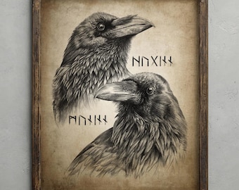 Hugin and Munin Ravens PRINT, Viking Wall Art, Norse Mythology Raven Huginn and Muninn Wall Art, Crow Sketch Viking Gift