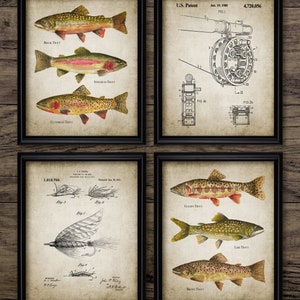 Fly Fishing Wall Art Set Of 4, Printable Fly Fishing Reel, Fishing Lure, Bait, Steelhead, Lake Trout, Rainbow Trout #3757 INSTANT DOWNLOAD