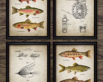 Fly Fishing Wall Art Set Of 4, Printable Fly Fishing Reel, Fishing Lure, Bait, Steelhead, Lake Trout, Rainbow Trout #3757 INSTANT DOWNLOAD