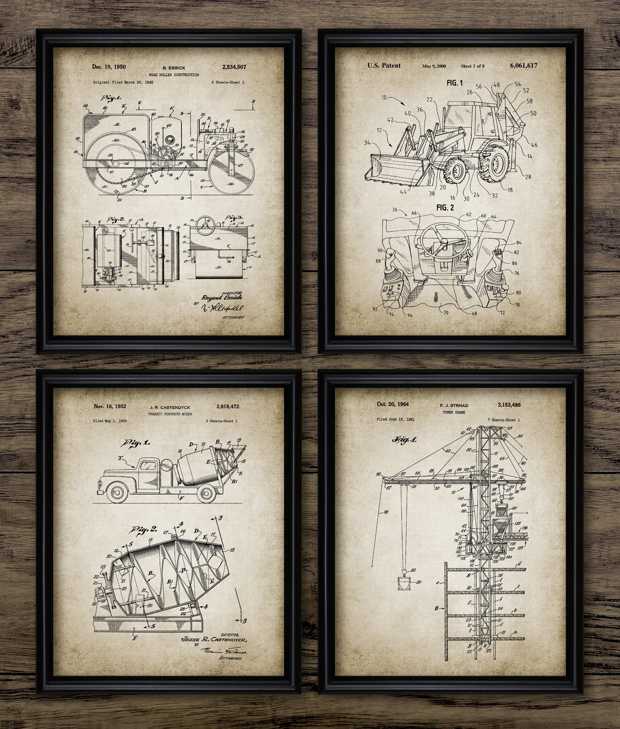 Construction Wall Art Set Of 4, Printable Tower Crane, Road Roller, Concrete Mixer Truck, Back Hoe Excavator #3080 INSTANT DOWNLOAD