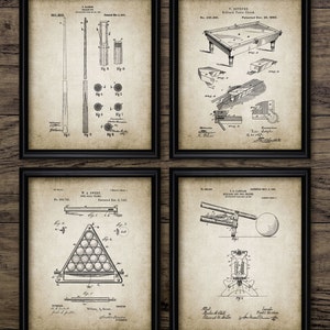 Snooker Room Wall Art Set Of 4, Game Room, Billiards Patent, Snooker Cue, Snooker Table, Frame, Bridge, Snooker Player #469 INSTANT DOWNLOAD