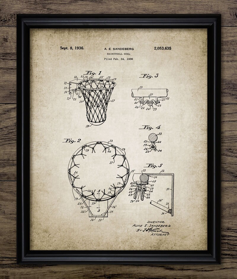 Basketball Hoop Patent Print Basketball Net Art 1936 Etsy
