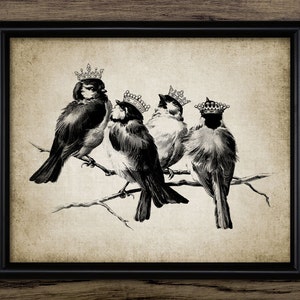Birds Wearing Crowns Wall Art, Printable Birds, Vintage Bird Art, Whimsical Wall Art, Cute Birds, Bird Watcher #397 INSTANT DOWNLOAD