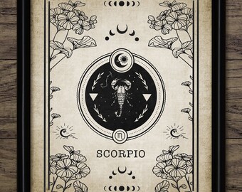 Scorpio Zodiac Print, Printable Astrology Illustration, Tarot Card Celestial Divination, Start Sign Vintage Wall Art  #4030 INSTANT DOWNLOAD