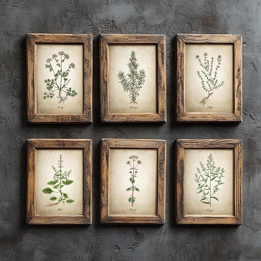 Antique Herbs Print Set of 6, Vintage Herb Botanical Sketches, Rustic ...