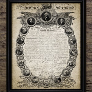 May include: A vintage, black and white print of the Declaration of Independence. The document is surrounded by a wreath of 13 circular images depicting scenes from the American Revolution. The text of the Declaration of Independence is visible, along with the signatures of the signatories.
