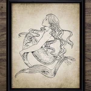Mermaid Wall Art, Printable Mermaid, Mermaid Bathroom, Mermaid Drawing, Folklore, Merfolk, Marine Creature #530 INSTANT DOWNLOAD